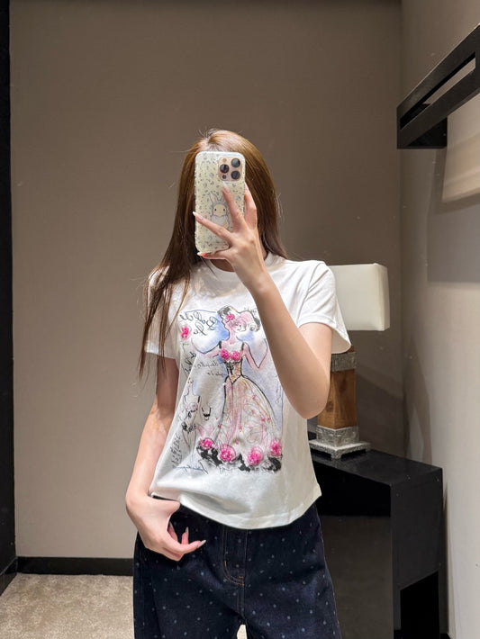 Dio  Sketch Print Rhinestone Crop Tee