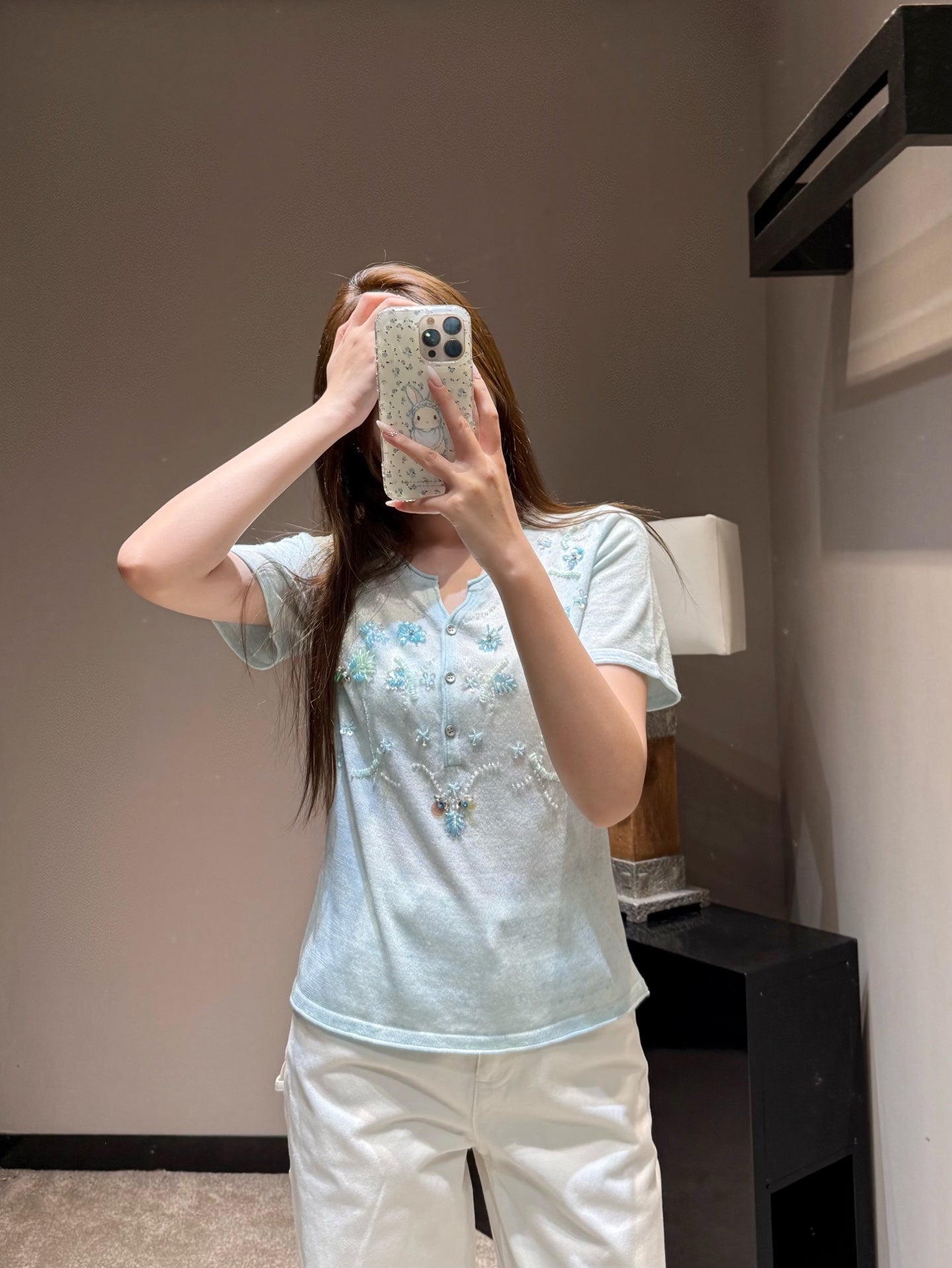 Dio Floral Embroidered Henley Neck Knit Top