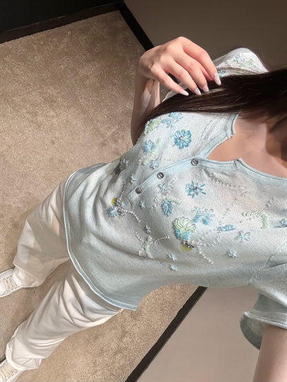 Dio Floral Embroidered Henley Neck Knit Top