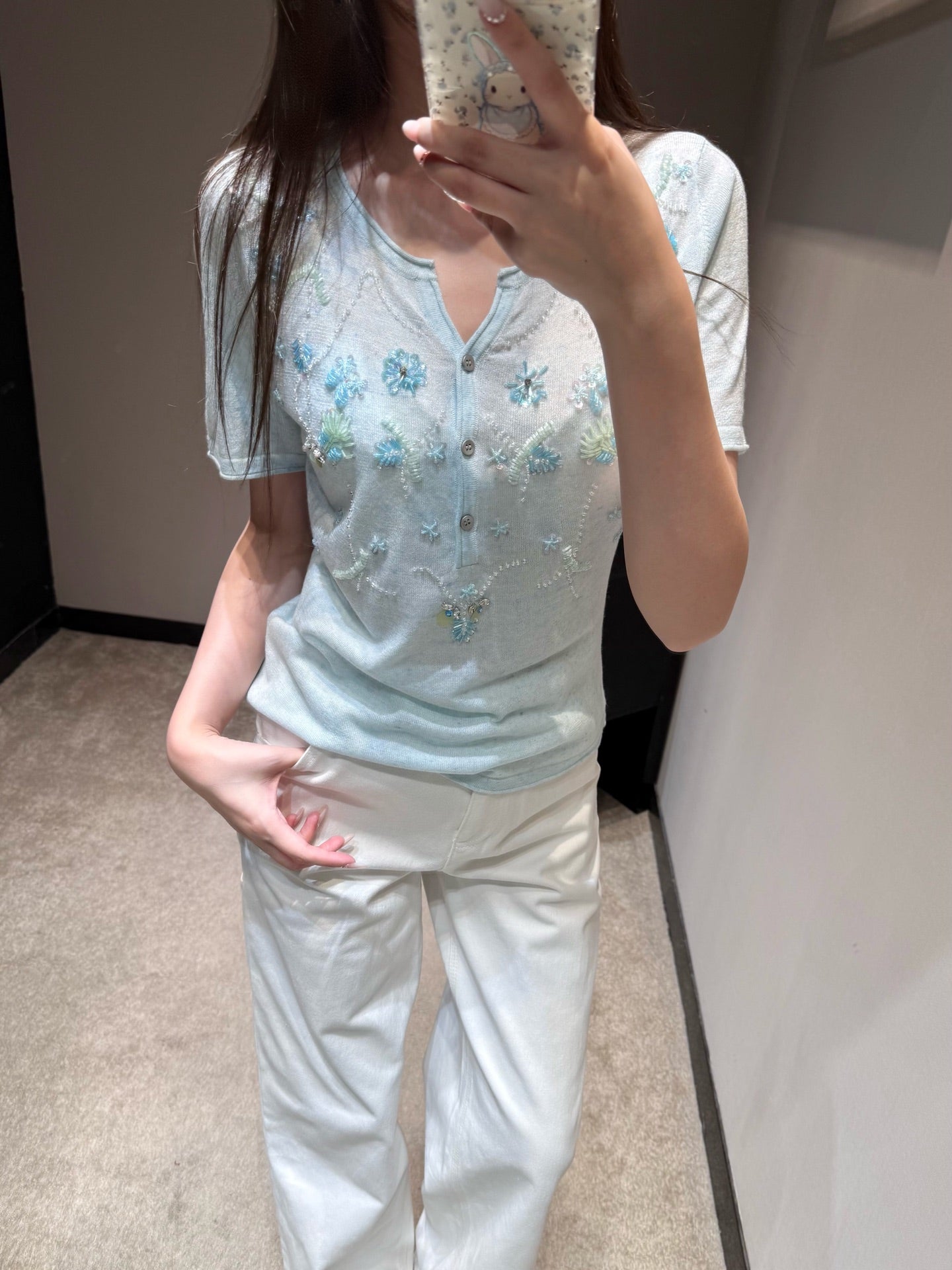 Dio Floral Embroidered Henley Neck Knit Top