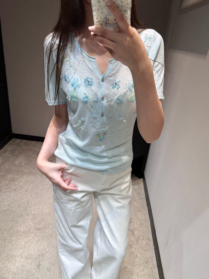 Dio Floral Embroidered Henley Neck Knit Top