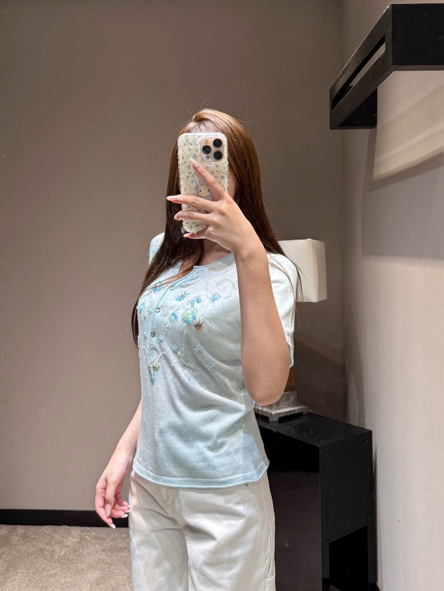 Dio Floral Embroidered Henley Neck Knit Top